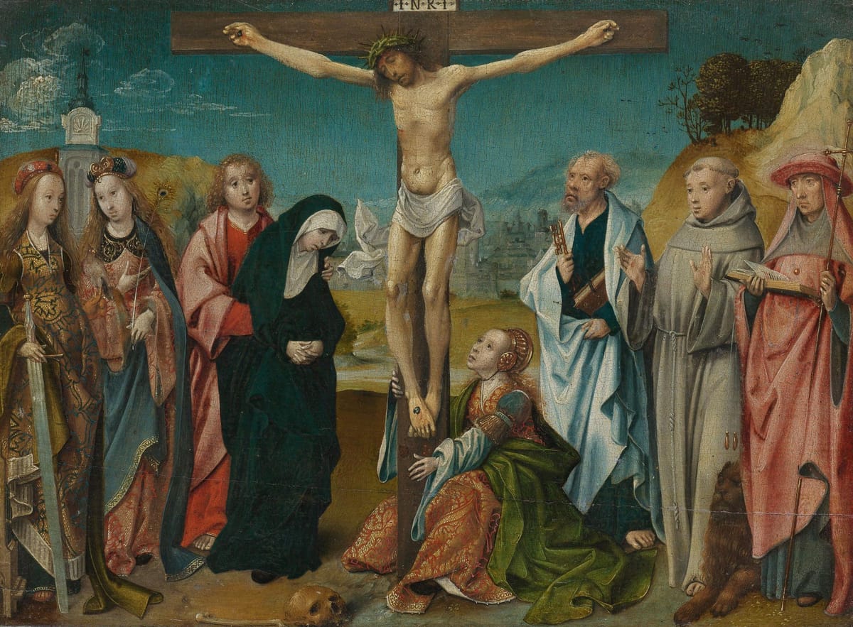 Christ on the Cross with Mary, John, Mary Magdalene and Saints (1507) by Cornelis Engebrechtsz - Public Domain Catholic Painting