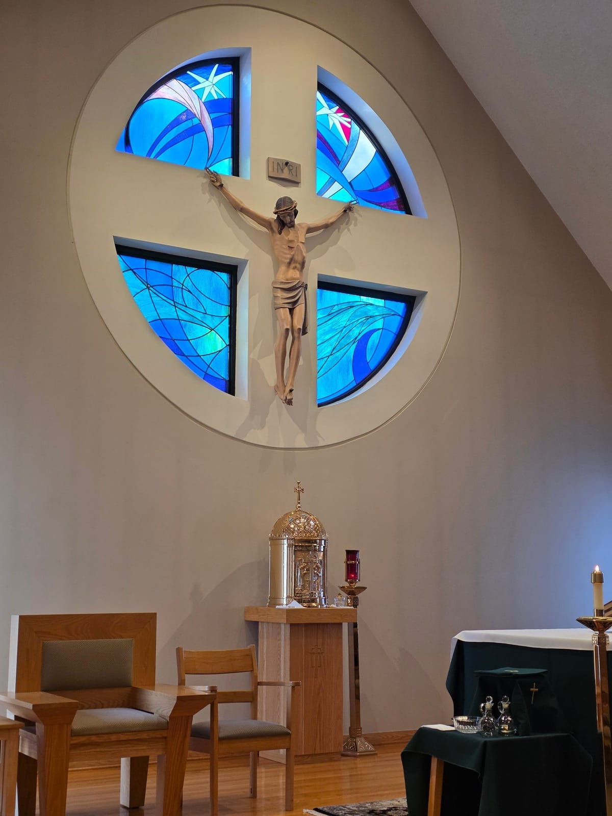 Crucifix in a Cross-Shaped Stained Glass Window, Holy Spirit Catholic Church, Virginia Beach (2026) by Shalone Cason - Public Domain Catholic Stock Photo