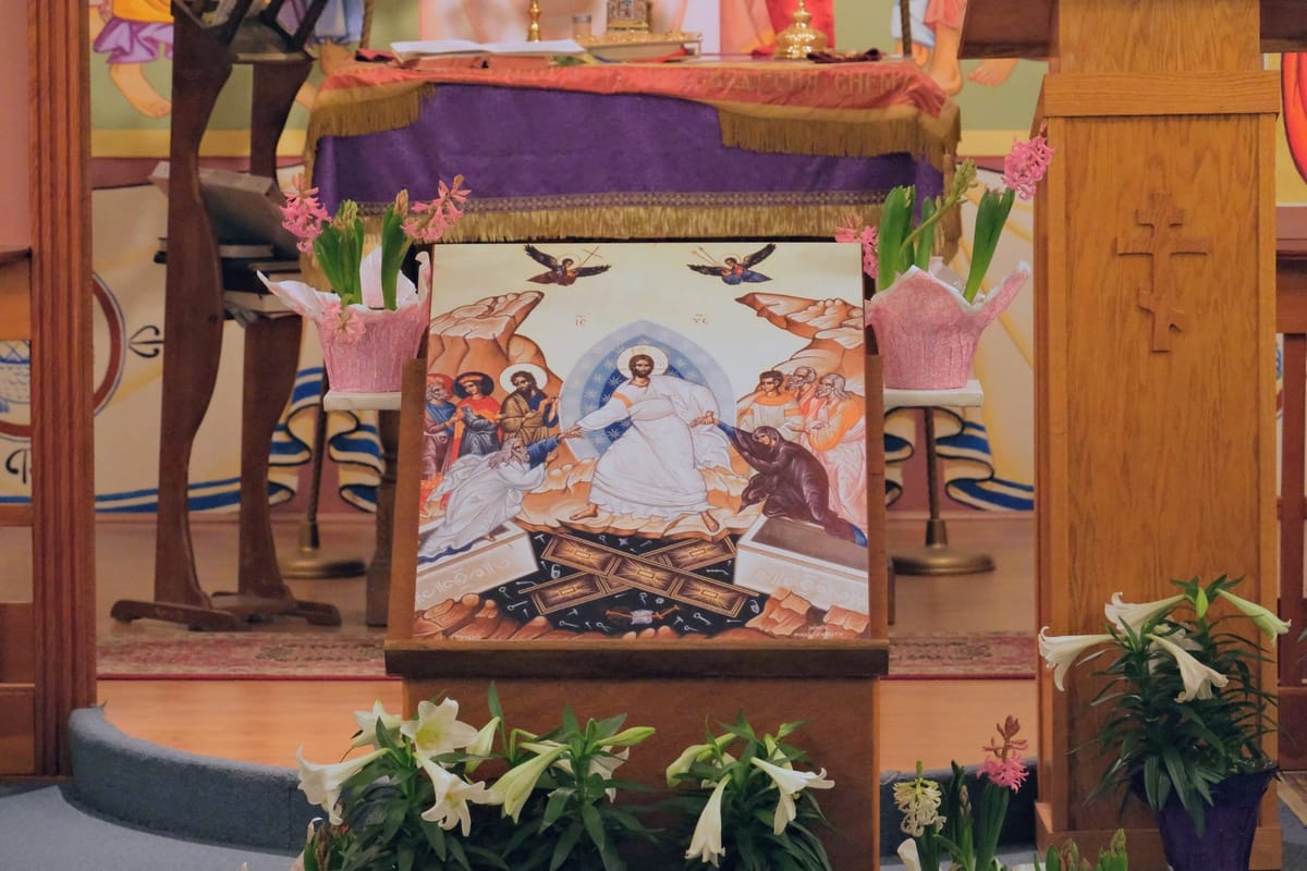 Icon of the Resurrection on the Tetrapod for Pascha at Our Lady of Perpetual Help Byzantine Catholic Church, Virginia Beach (2024) by Shalone Cason - Public Domain Catholic Stock Photo