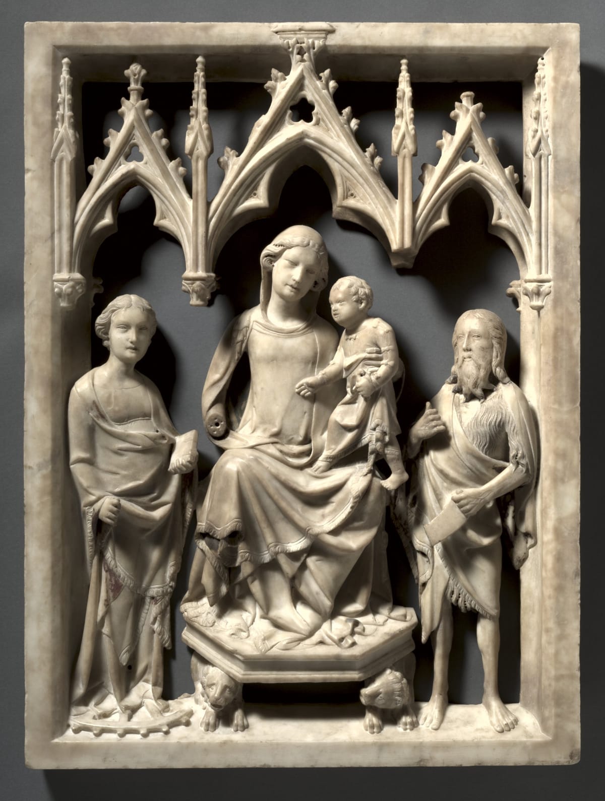 Madonna and Child with Saints Catherine and John the Baptist (1345) by Giovanni di Agostino - Public Domain Catholic Stock Photo