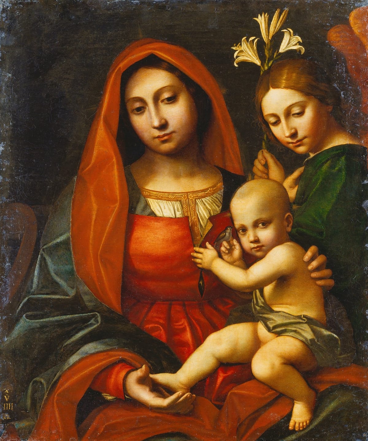 Madonna and Child with an Angel (1519) by Paolo Morando Cavazzola - Public Domain Catholic Painting