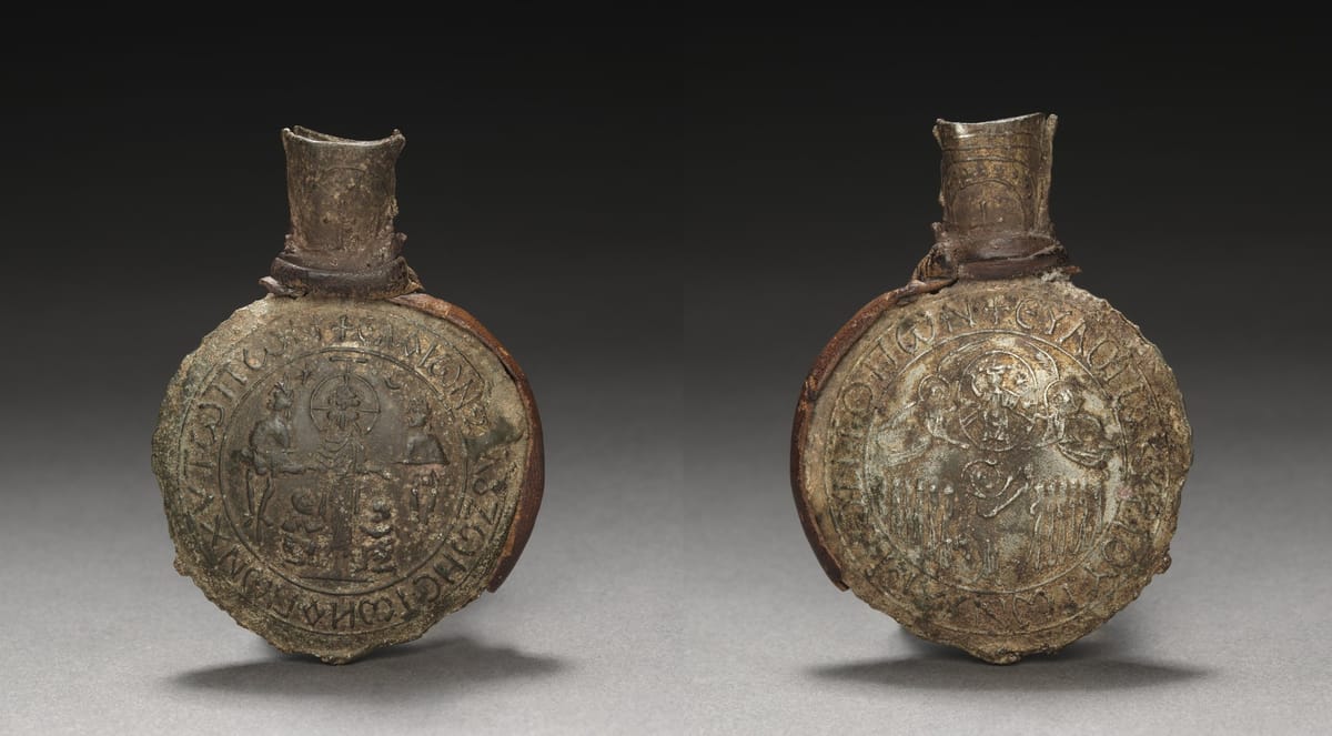 Pilgrim's Ampulla with Scenes of the Crucifixion (front) and the Ascension (back) (600) - Public Domain Orthodox Stock Photo