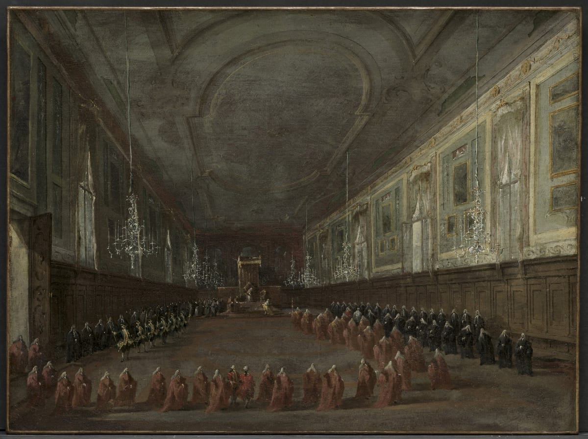 Pope Pius VI Descending the Throne to Take Leave of the Doge (1783) by Francesco Guardi - Public Domain Catholic Painting