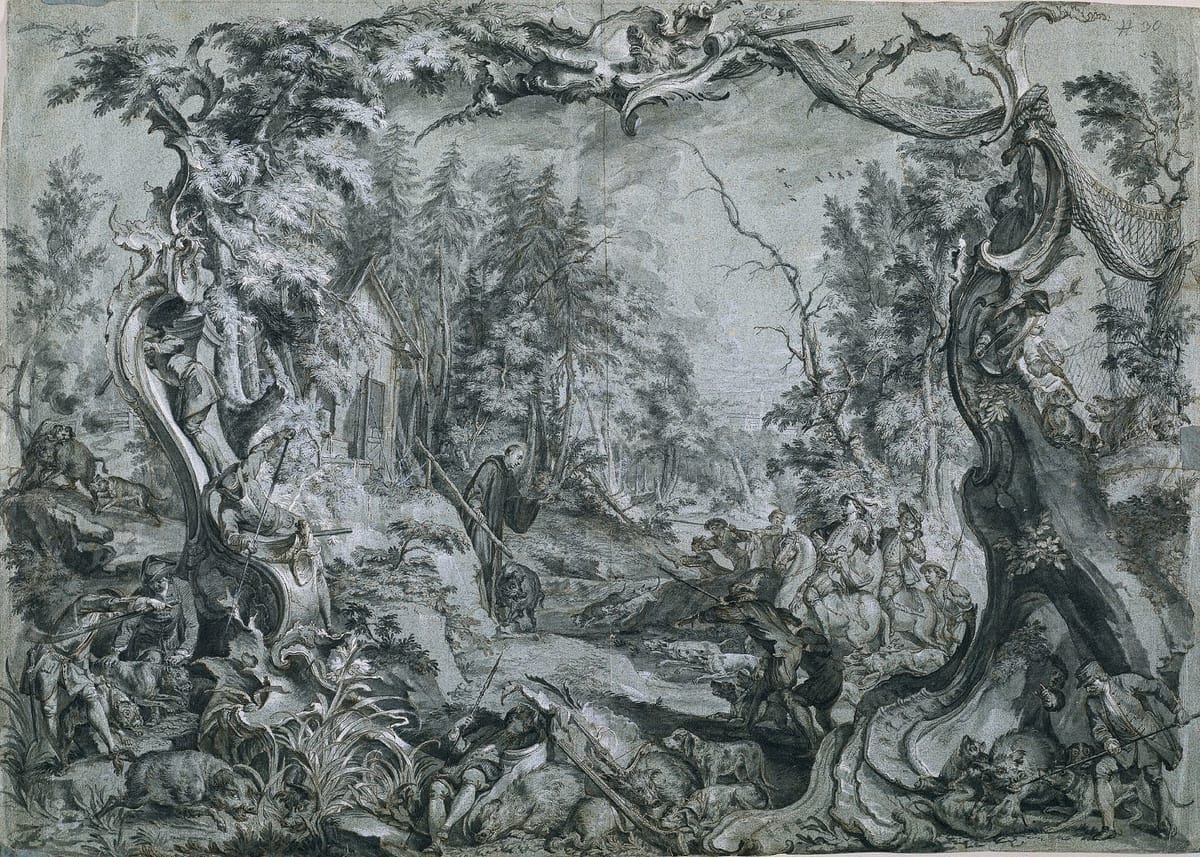 Saint Deicolus and the Boar (1748) by Johann Wolfgang Baumgartner - Public Domain Catholic Painting