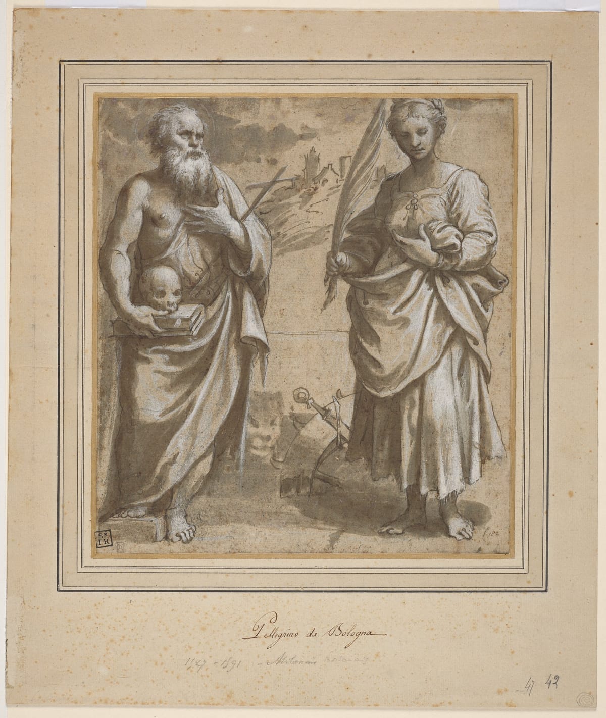 Saint Jerome and Saint Catherine of Alexandria Standing in a Landscape (1530) by Girolamo da Treviso the Younger - Public Domain Catholic Painting