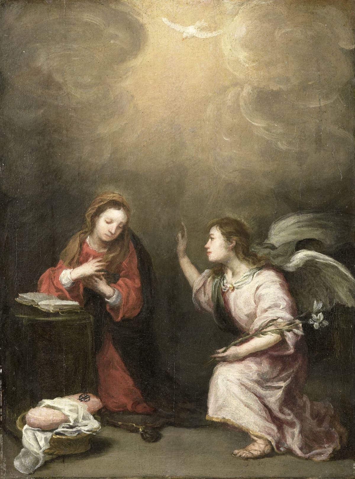 The Annunciation (1750) by Follower of Bartolomé Esteban Murillo - Public Domain Catholic Painting