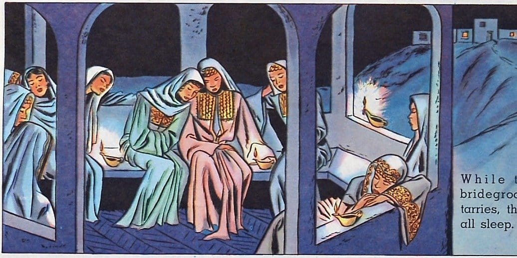The Bridesmaids Sleep While the Bridegroom Is Delayed (1947) - Public Domain Catholic Comic Art