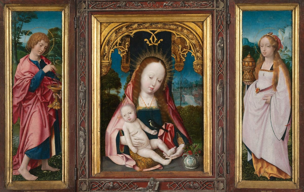Triptych with Virgin and Child, Saint John the Evangelist and Mary Magdalene (1515) by Jan Provoost - Public Domain Catholic Painting
