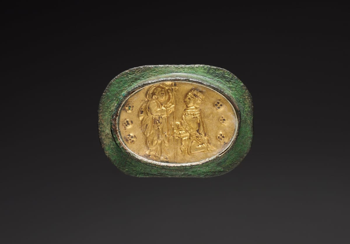 Votive Badge with a Crowned Figure Kneeling Before Saint Mark (1300) - Public Domain Catholic Stock Photo