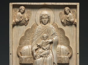 Ivory Plaque with Enthroned Mother of God "The Stroganoff Ivory" (950–1025, Byzantium) - Catholic Stock Photo