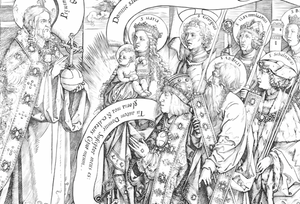 The Emperor Maximilian Presented by His Patron Saints to the Almighty (1519) by Hans Springinklee - Catholic Coloring Page
