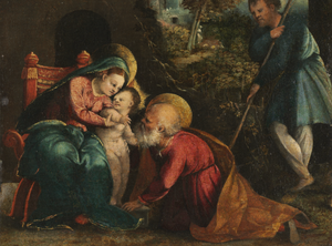 Holy Family with a Shepherd (early 1520s) by Battista Dossi - Public Domain Bible Painting