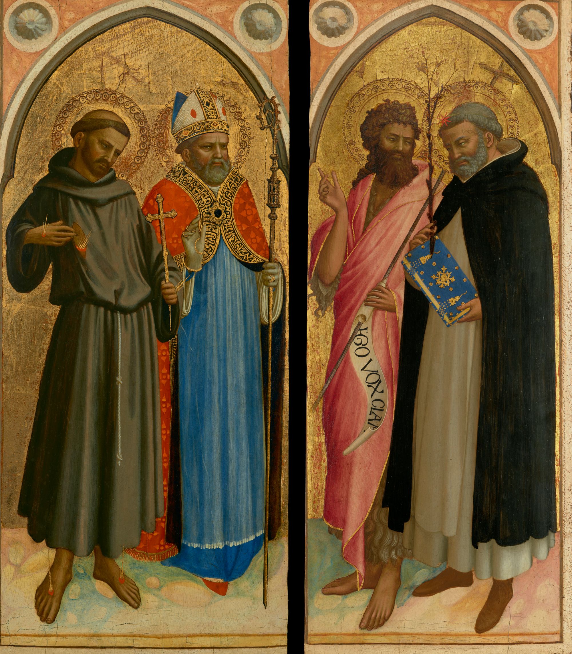 Saint Francis and a Bishop Saint, Saint John the Baptist and Saint Dominic by Fra Angelico (1420s) - Public Domain Catholic Painting