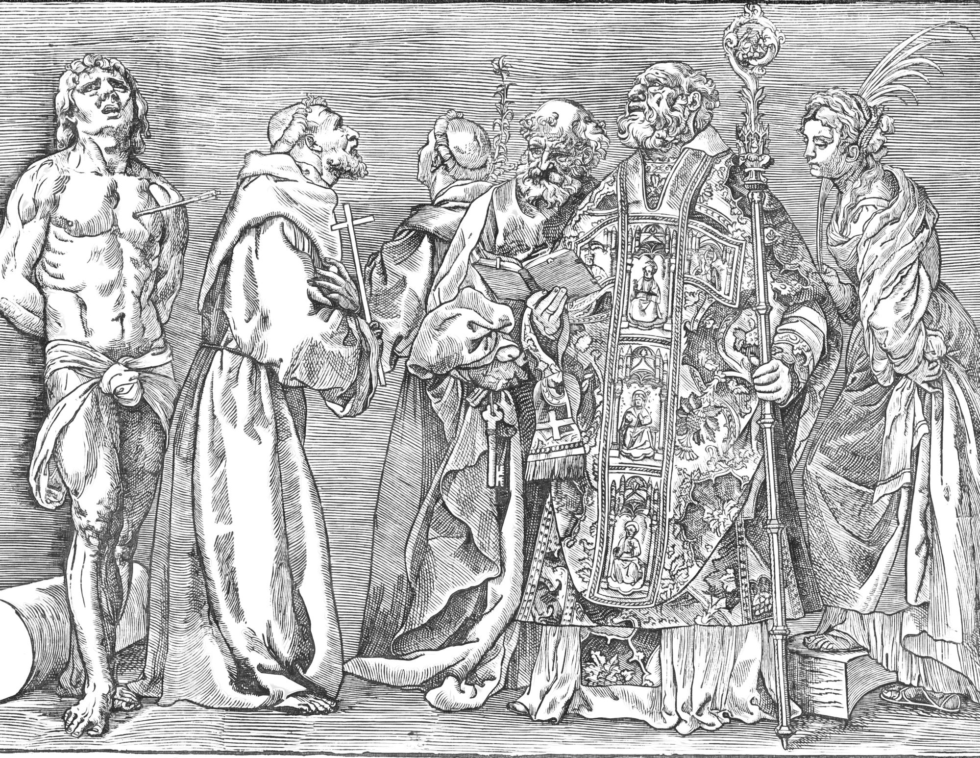 Six Saints: Sebastian, Francis, Anthony of Padua, Peter, Nicholas, and Catherine - Catholic Coloring Page