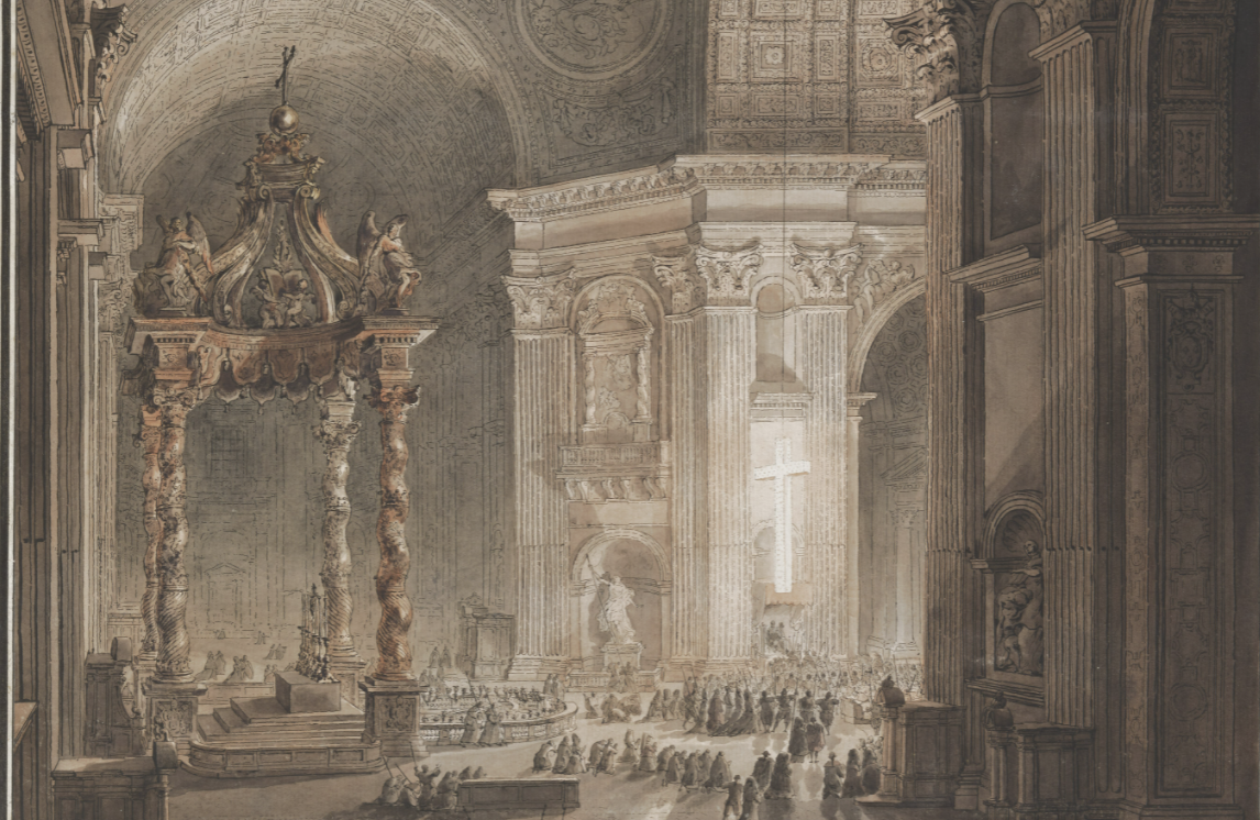 The Illumination of the Cross During Lent at Saint Peter's (1787) by Francesco Piranesi - Public Domain Catholic Painting