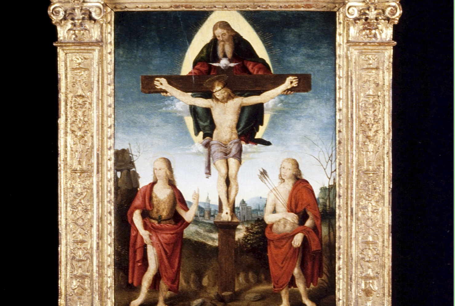 The Holy Trinity with Saint John the Baptist and Saint Sebastian (early 16th Century) in the Manner of Timoteo Viti - Public Domain Catholic Painting