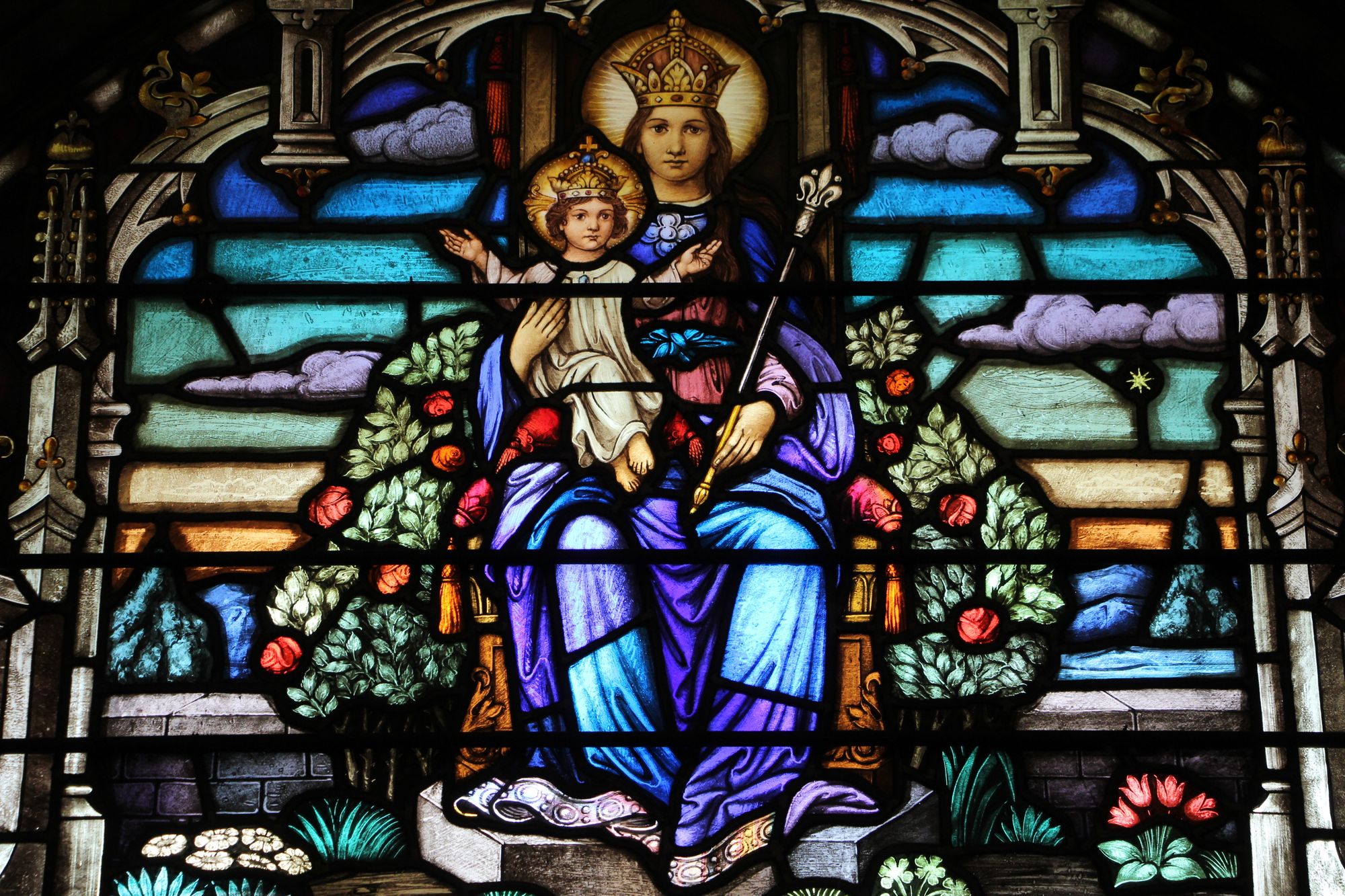 Virgin Queen of Heaven and Child Jesus Stained Glass Window (South Carolina, USA) - Catholic Stock Photo