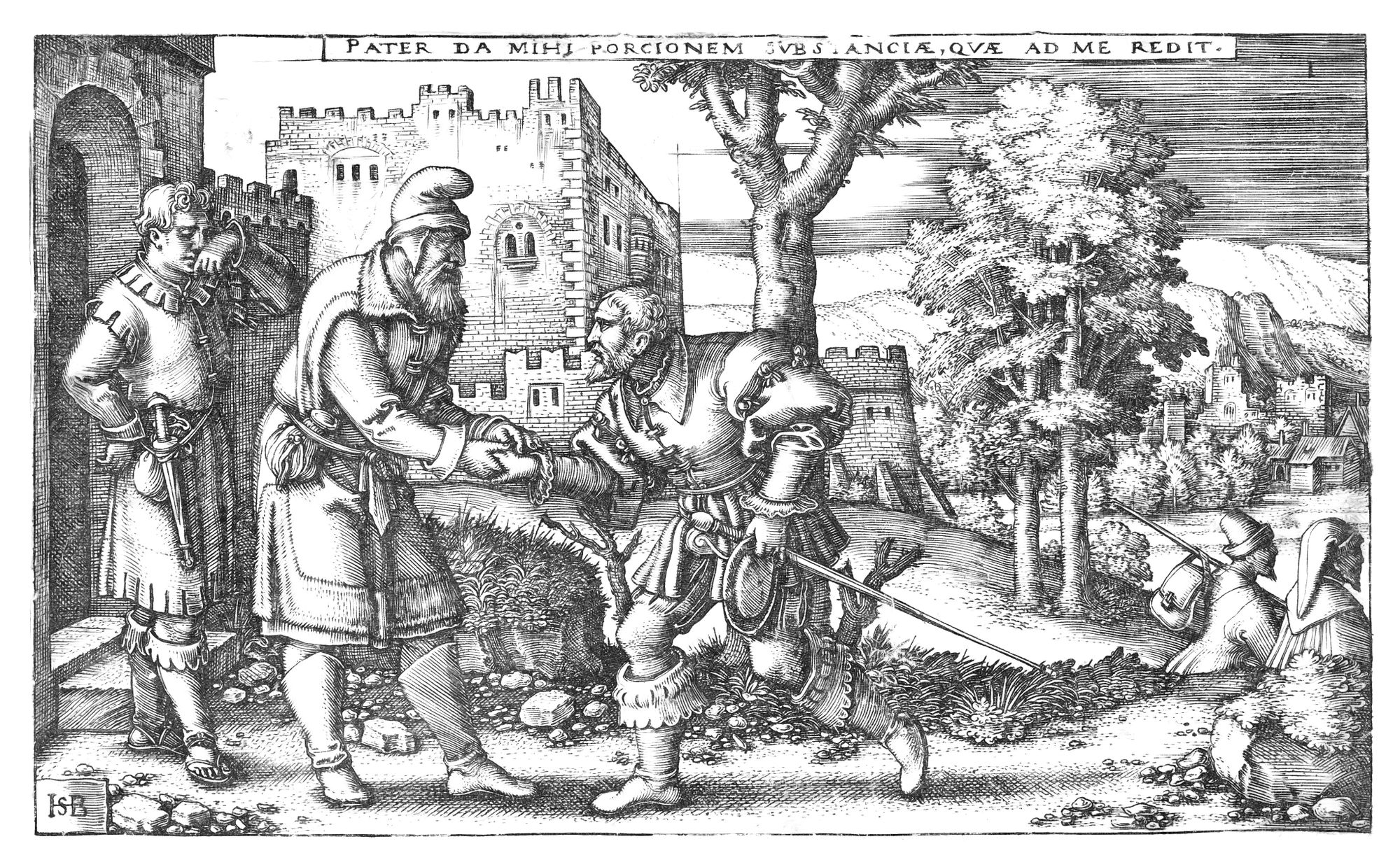 Departure of the Prodigal Son (1540) by Sebald Beham - Bible Coloring Page