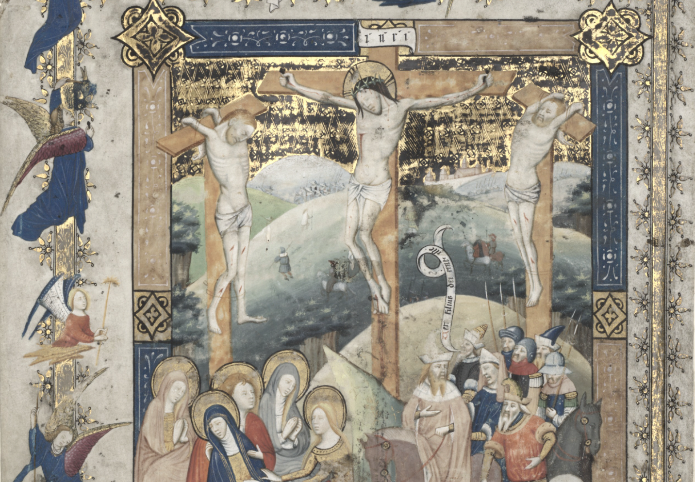 Leaf from a Missal: The Crucifixion (1440–1450) by Master of Otto van Moerdrecht - Public Domain Catholic Painting