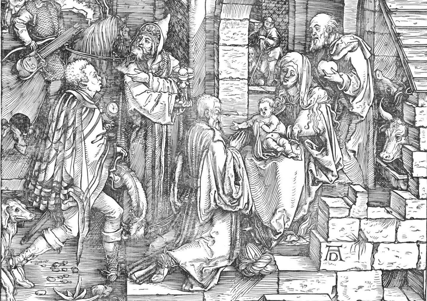 Life of the Virgin: Adoration of the Magi (1504-1505) by Albrecht Dürer - Bible Coloring Page