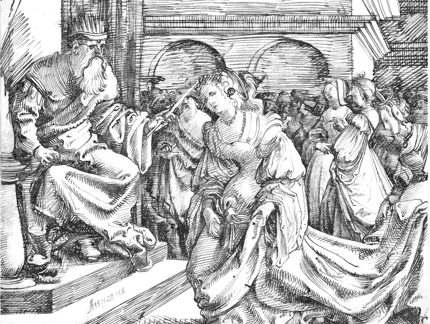 Esther Before Ahasuerus (1525) - Bible Coloring Page
