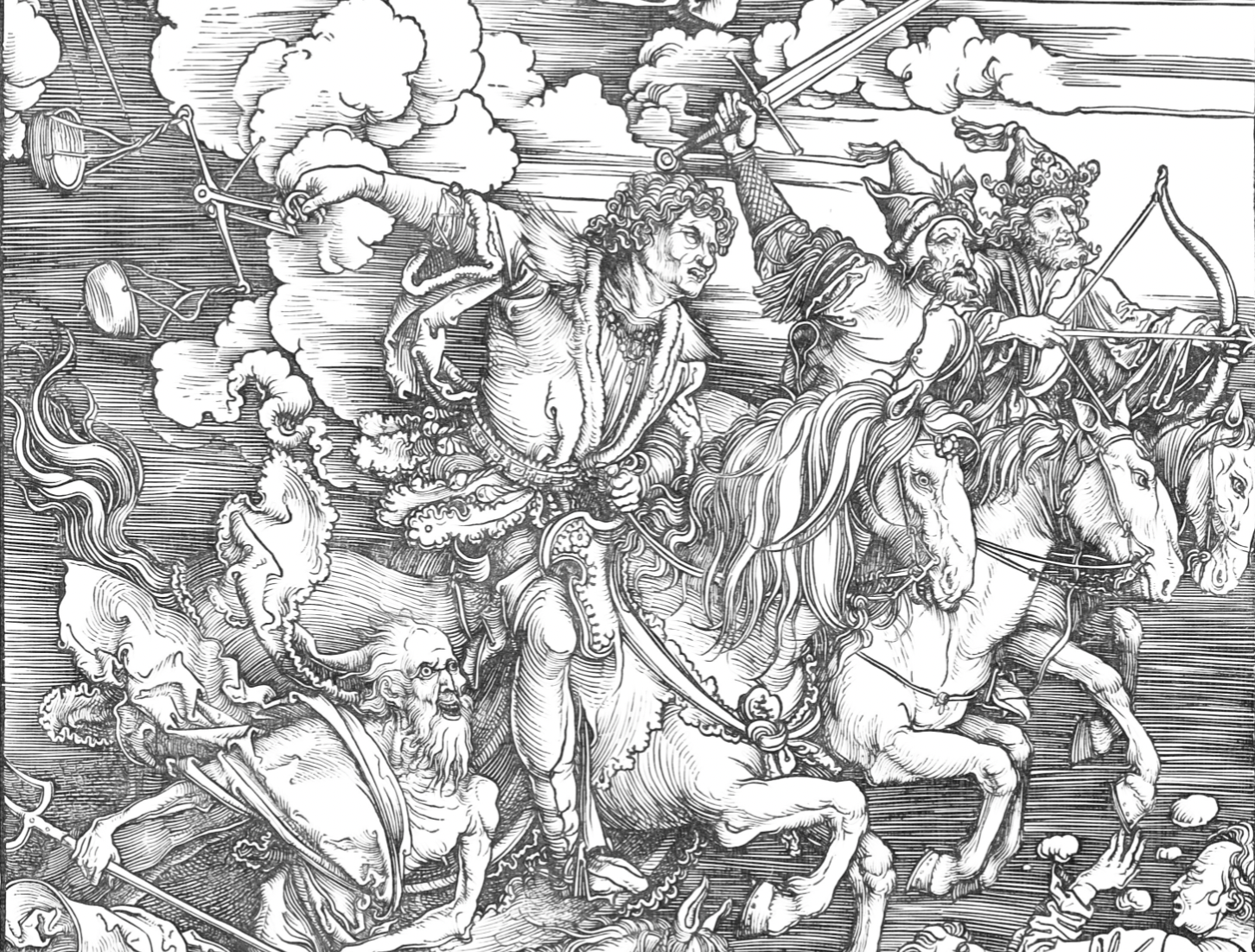The Four Horsemen of the Apocalypse, from The Apocalypse (1496–1498) by Albrecht Dürer - Bible Coloring Page