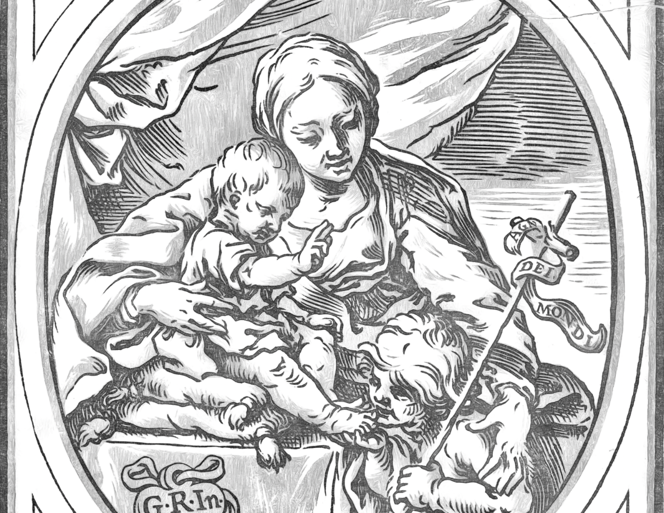 Virgin Mary with Child Christ and John the Baptist (1647) by Bartolommeo Coriolano - Catholic Coloring Page