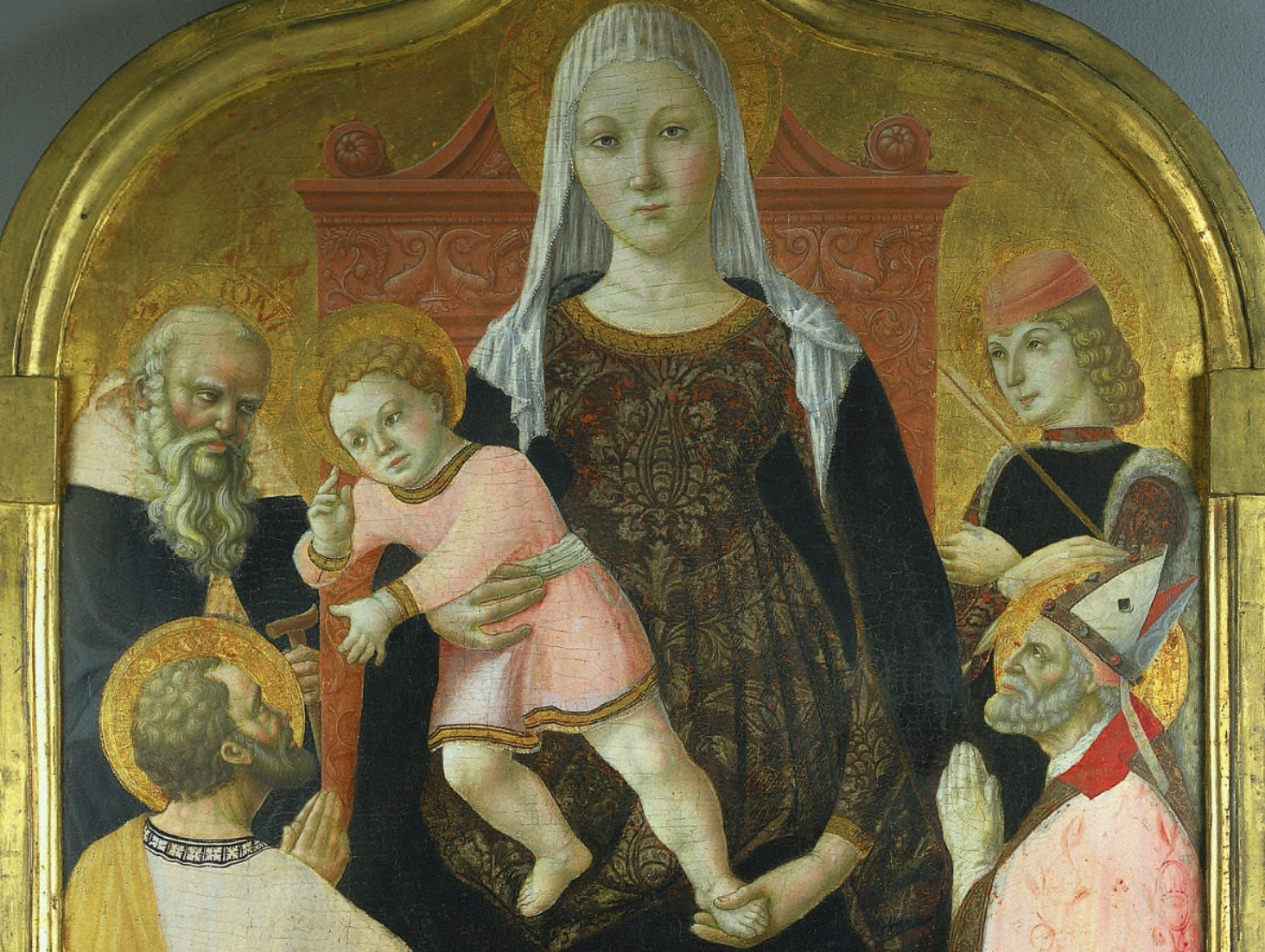Virgin and Child, with Saints Anthony Abbott, Mark, Severino, and Sebastian (1490-1496) by Lorenzo da Sanseverino - Public Domain Catholic Painting