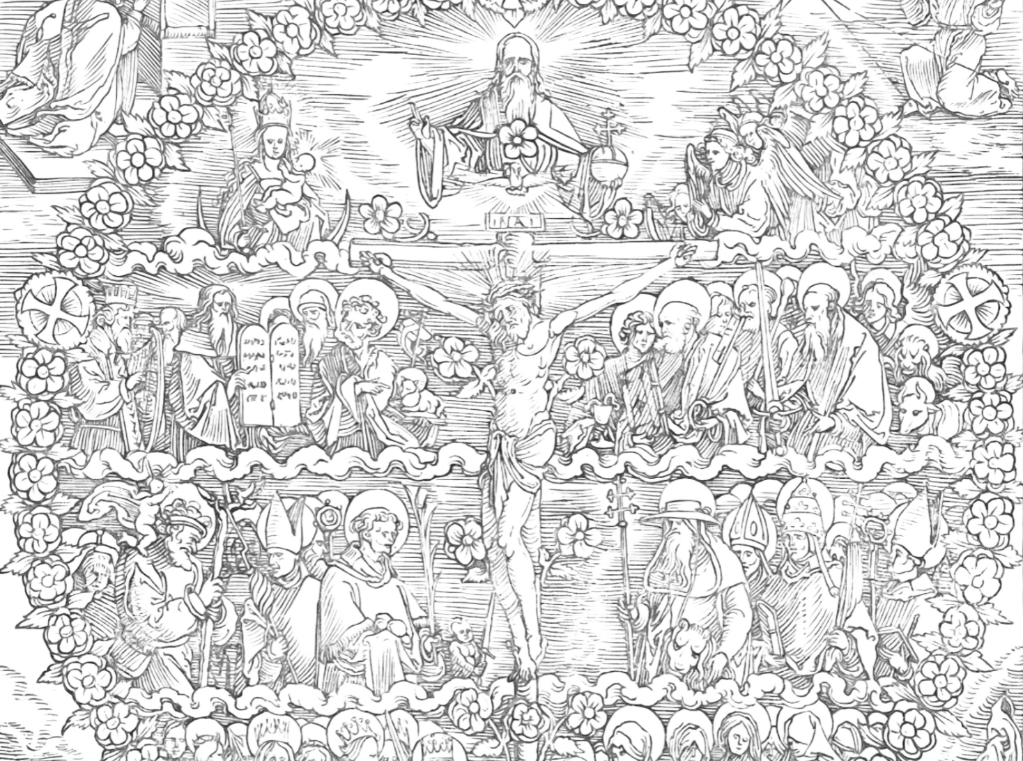 The Holy Trinity in a Rosary (1515) by Albrecht Dürer - Catholic Coloring Page