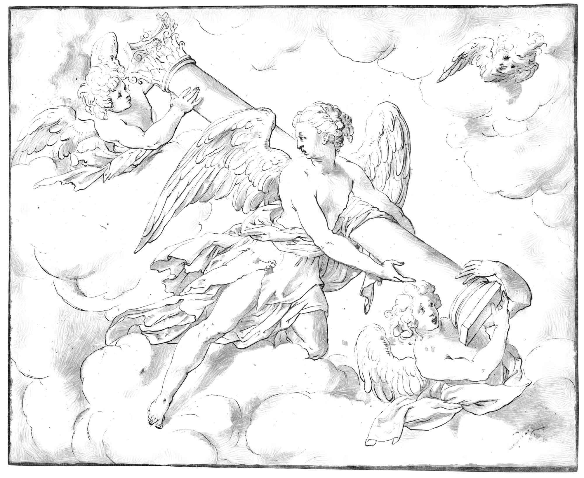 Angels Bearing the Column of the Passion (1580–1590) - Catholic Coloring Page