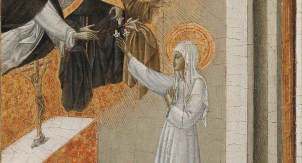 Catherine of Siena Invested with the Dominican Habit (1460s) by Giovanni di Paolo - Public Domain Catholic Painting