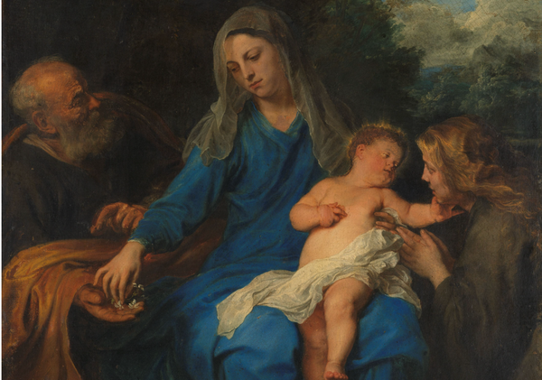 The Holy Family with Mary Magdalene in Adoration (1630–1650) by a follower of Anthony van Dyck - Public Domain Catholic Painting