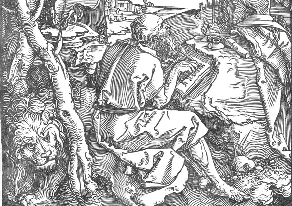 Saint Jerome in a Grotto (1512) by Albrecht Dürer - Catholic Coloring Page