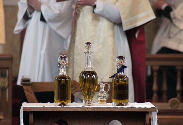 Oils for Blessing at Chrism Latin Mass (Oxford) - Catholic Stock Photo