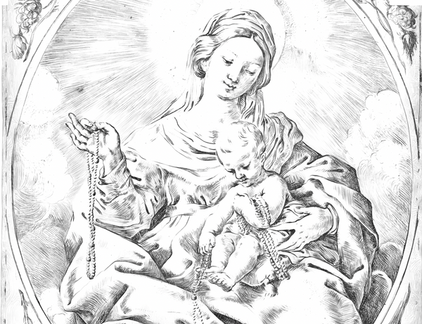 Madonna and Child with Rosaries by Guido Reni - Catholic Coloring Page