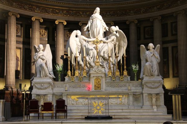 Altar with Mary Magdalene and Angels Statue inside La Madeleine, Paris - Catholic Stock Photo