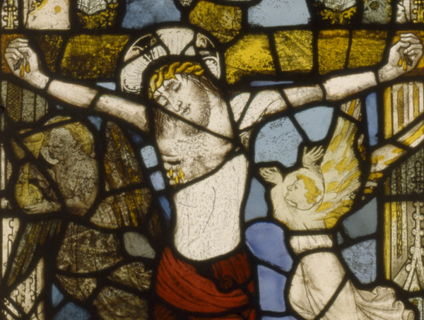 Crucified Christ Stained Glass Window (1480–1500, England) - Catholic Stock Photo