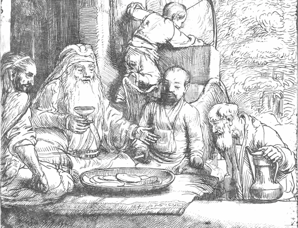 Abraham Entertaining the Angels (1656) by Rembrandt van Rijn - Bible Coloring Page