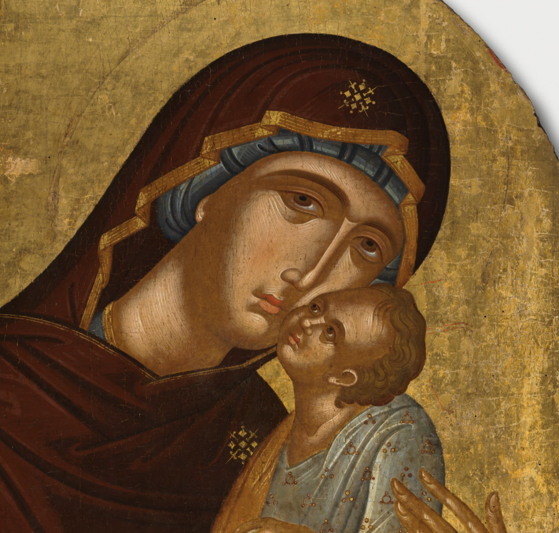 Icon of the Mother of God and Infant Christ (Virgin Eleousa) (1425–1450) attributed to Angelos Akotantos - Public Domain Catholic Painting