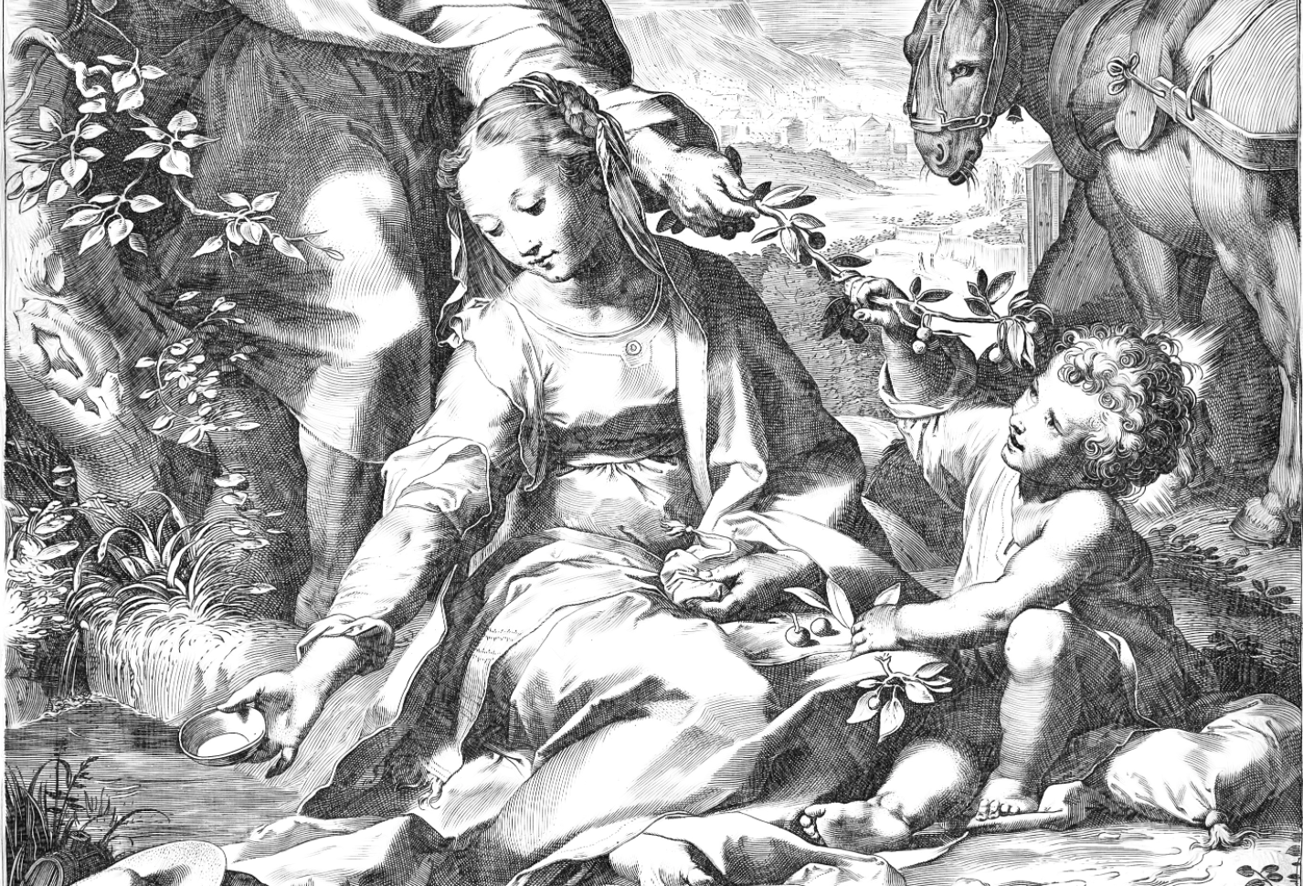 The Rest on the Return from Egypt (1575) by Cornelis Cort - Bible Coloring Page