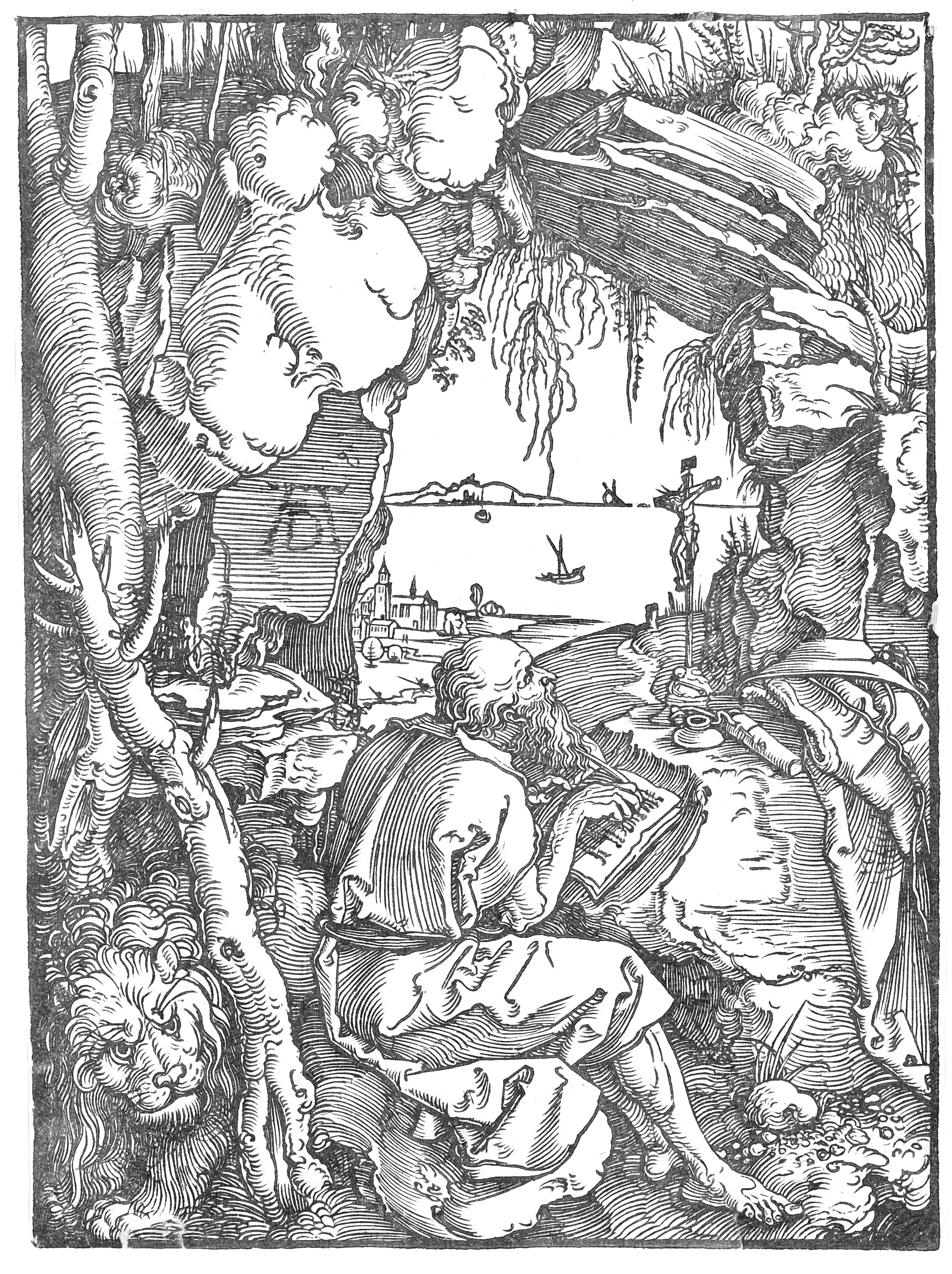 Saint Jerome in a Grotto (1512) by Albrecht Dürer - Catholic Coloring Page