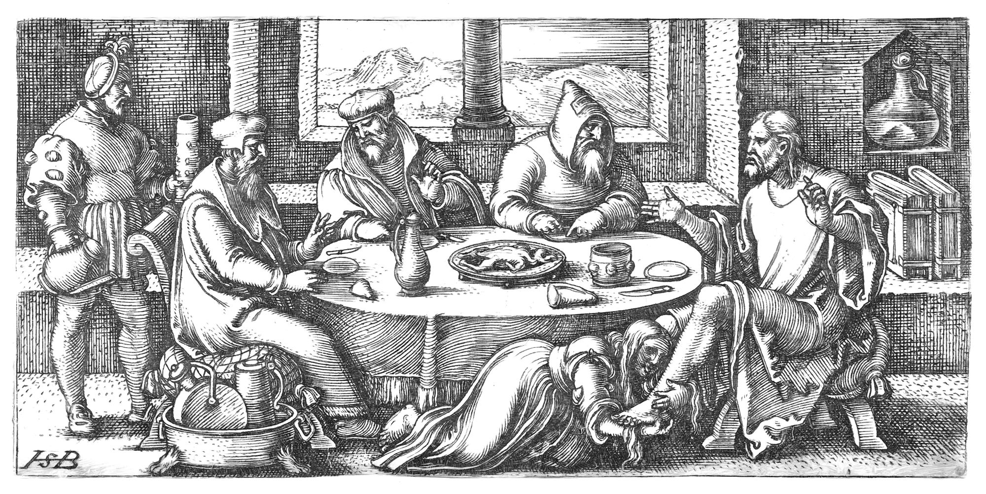 Christ at the Table of Simon the Pharisee (1541–1545) by Sebald Beham - Bible Coloring Page