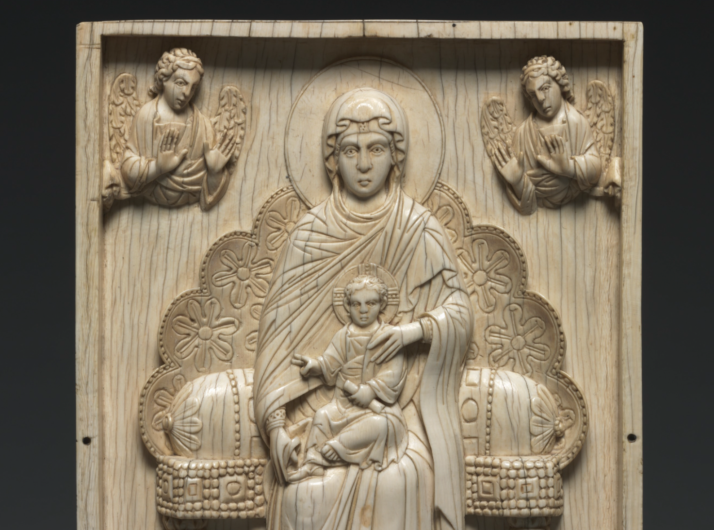 Ivory Plaque with Enthroned Mother of God "The Stroganoff Ivory" (950–1025, Byzantium) - Catholic Stock Photo